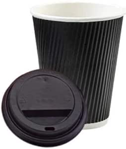50x 12oz Black Ripple Disposable Hot Takeaway Coffee Cups with Black Sip Through Lids