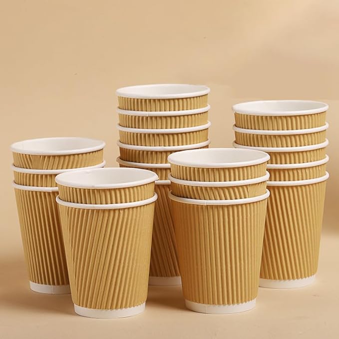 100 x 12oz / 360ml Kraft Triple Walled Disposable Paper Ripple Cups with lids.